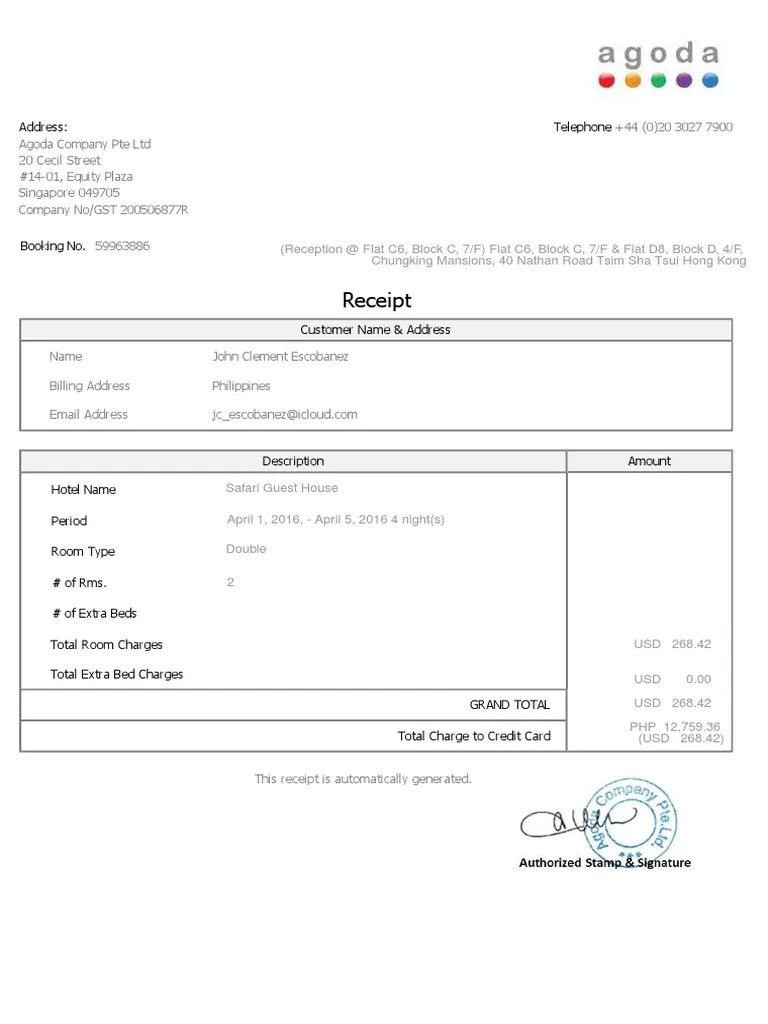 Agoda Booking Id 59963886 Receipt