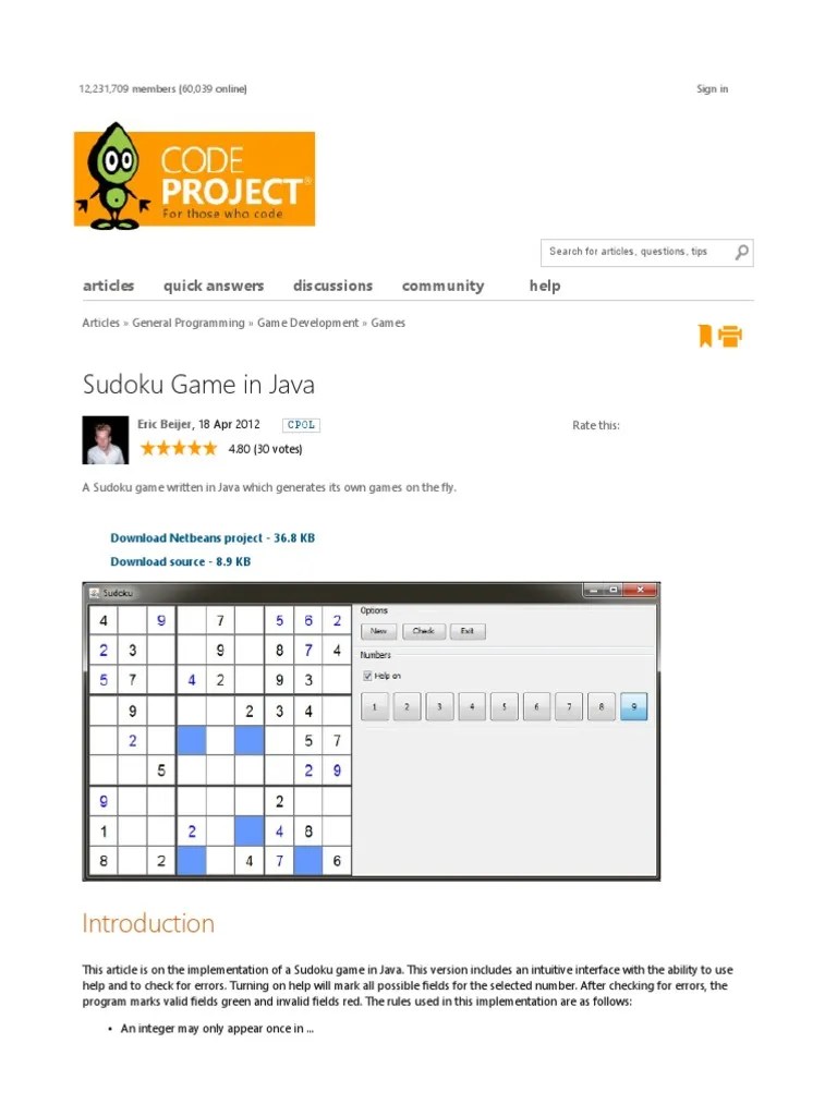 Sudoku Game in Java CodeProject PDF PDF Integer Science) Boolean Data Type