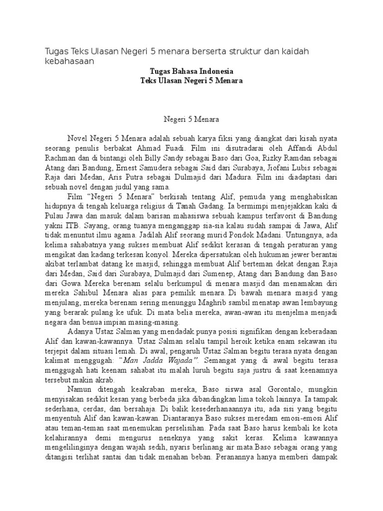 Teks Ulasan Novel Negeri 5 Menara