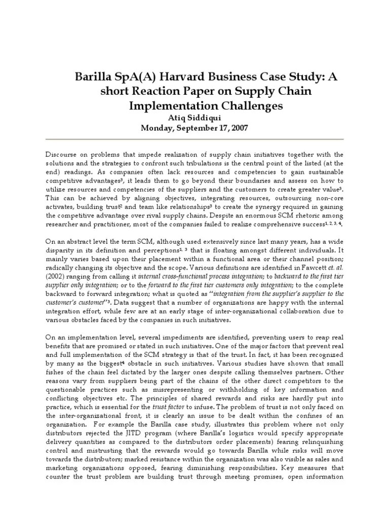 BarillaSpA CaseStudy Short Reaction Paper Supply Chain Management
