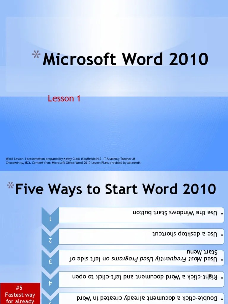 Lesson 1 Word 2010 Microsoft Word Operating System Families Free
