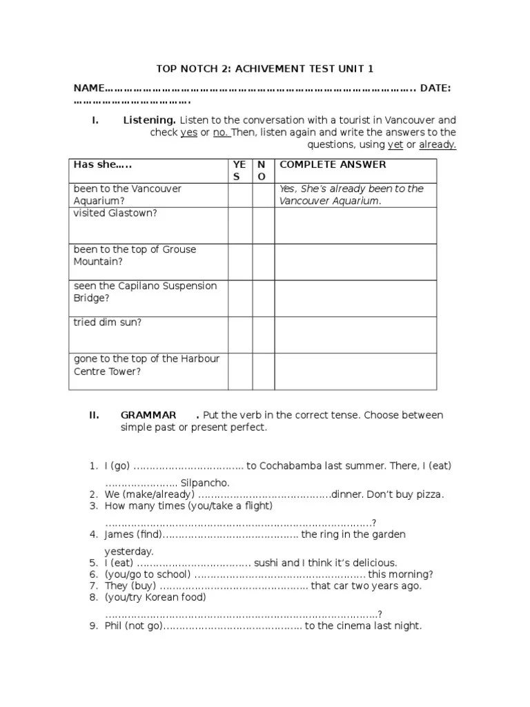 TOP NOTCH 2 unit 1 test
