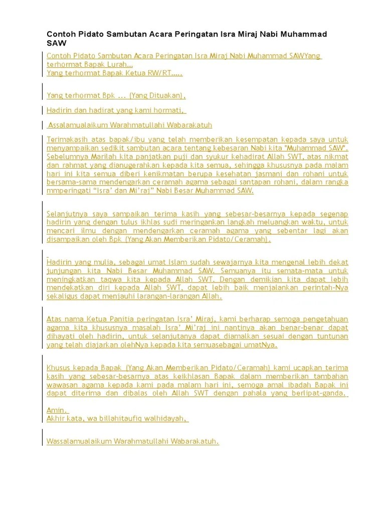 Contoh Pidato Sambutan Acara Peringatan Isra Miraj Nabi Muhammad SAW | PDF