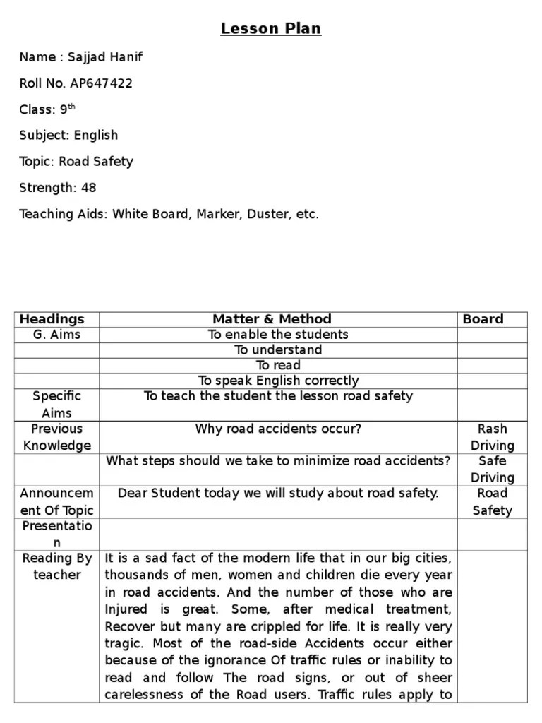 B.ed Lesson Plan (English) Road Traffic Safety Lesson Plan