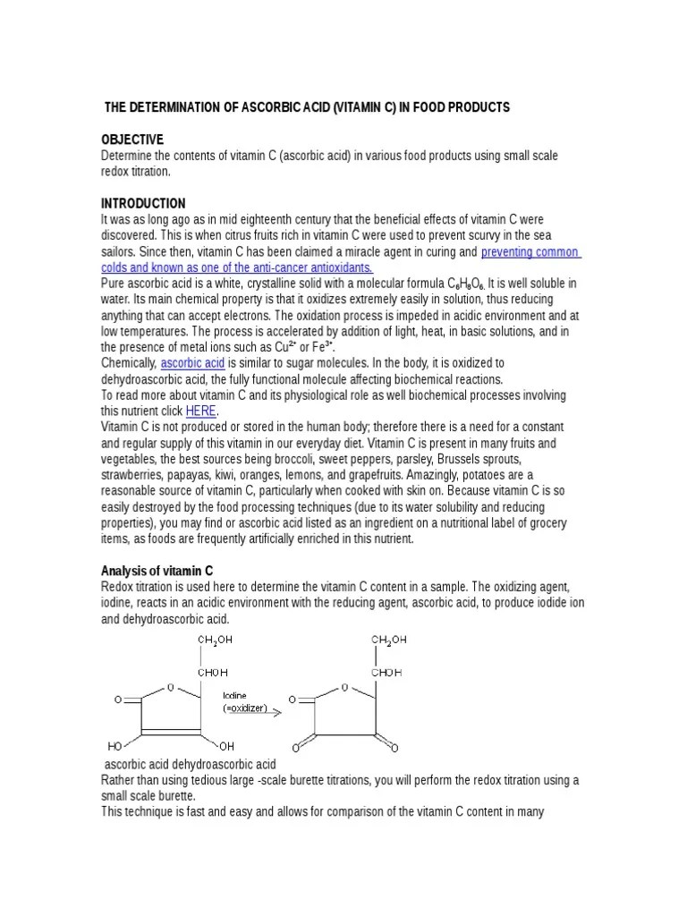 The Determination of Ascorbic Acid Vitamin C Titration