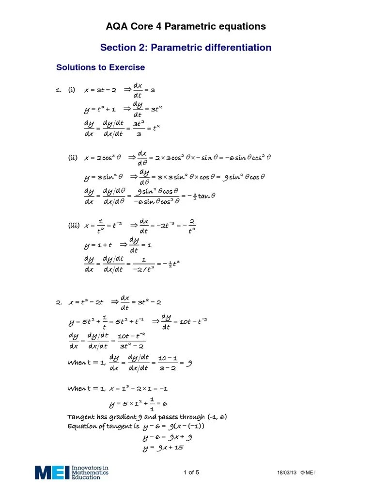 Parametric Differentiation Solutions.pdf Slope Tangent