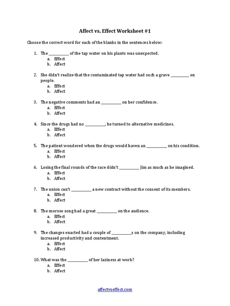 Affect Vs Effect Worksheet 1 | PDF