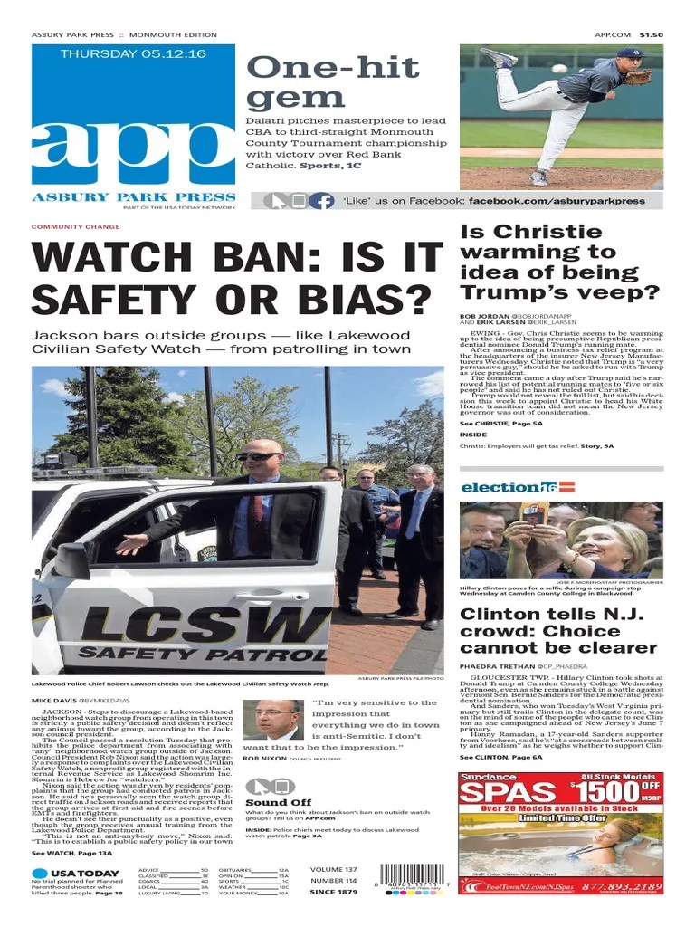 Asbury Park Press Front Page Thursday, May 12 2016 PDF Bernie(04)