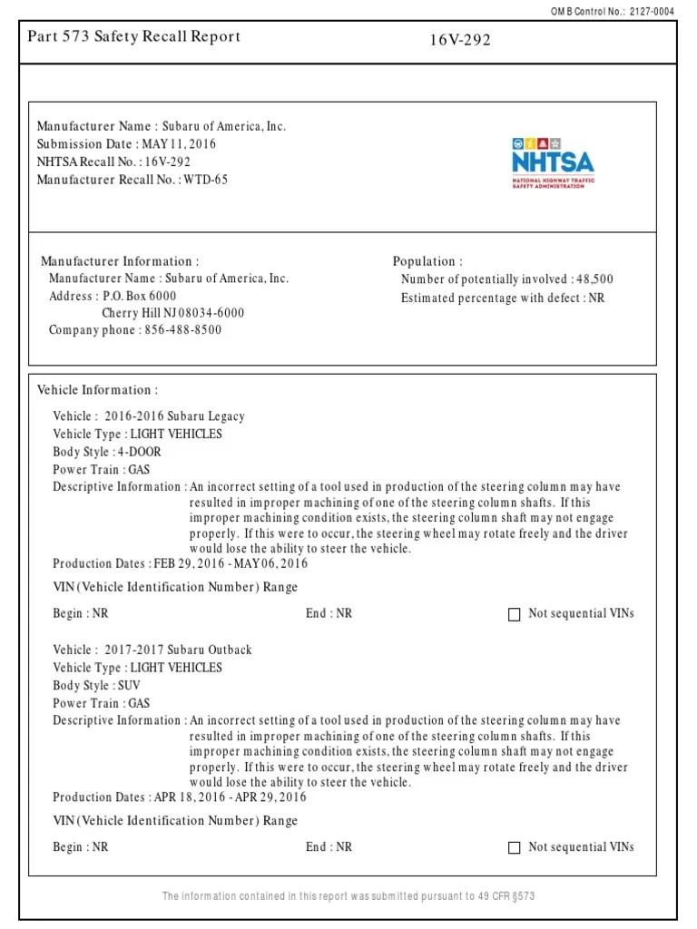 Subaru Recall | PDF | Steering | Vehicles