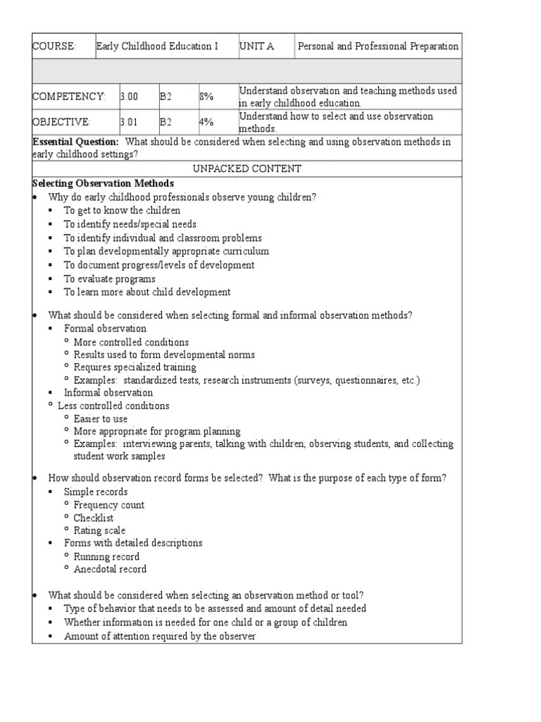 3 01 notes Early Childhood Education Observation