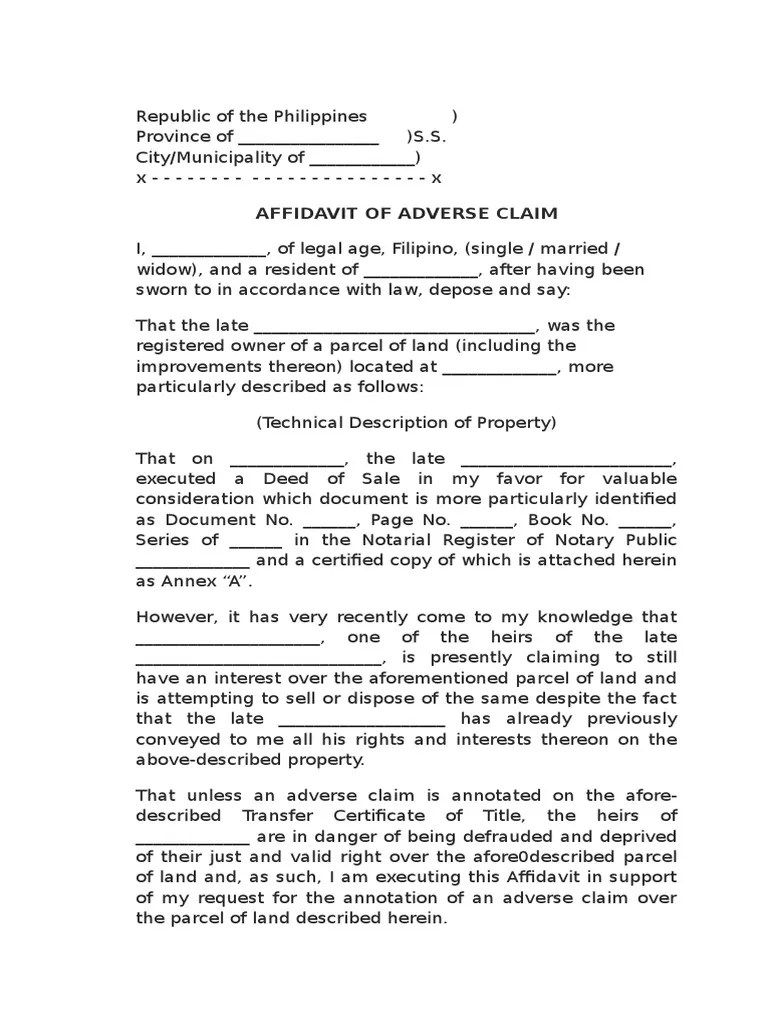 Affidavit Adverse Claim Sample Affidavit Document