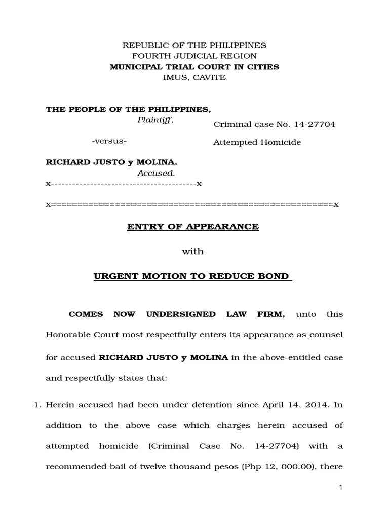 Motion To Reduce Bond PDF Bail Virtue