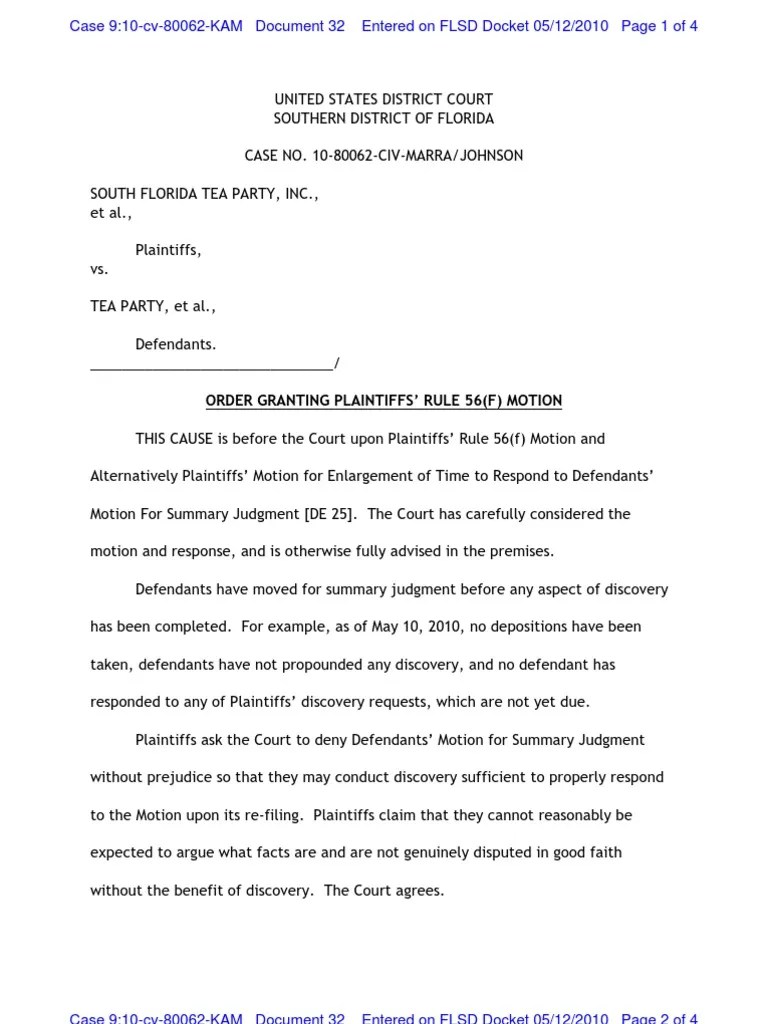 051210_Order Granting Plaintiffs' Rule 56(F) Motion Summary