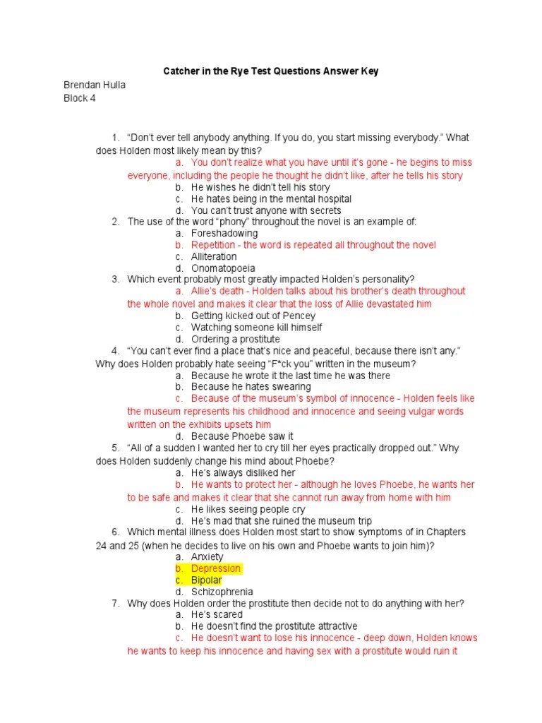 Catcher in The Rye Test Questions Answer Key PDF