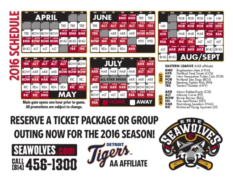 2016 Erie SeaWolves schedule