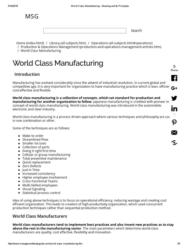 World Class Manufacturing Meaning and Its Principles Operations