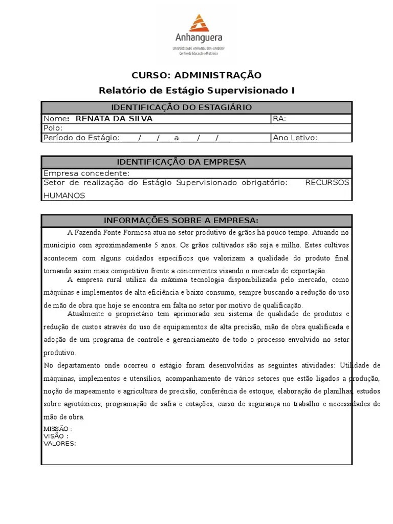 Exemplo De Relatorio De Estagio AdministraÃ§Ã£o VÃ¡rios Exemplos