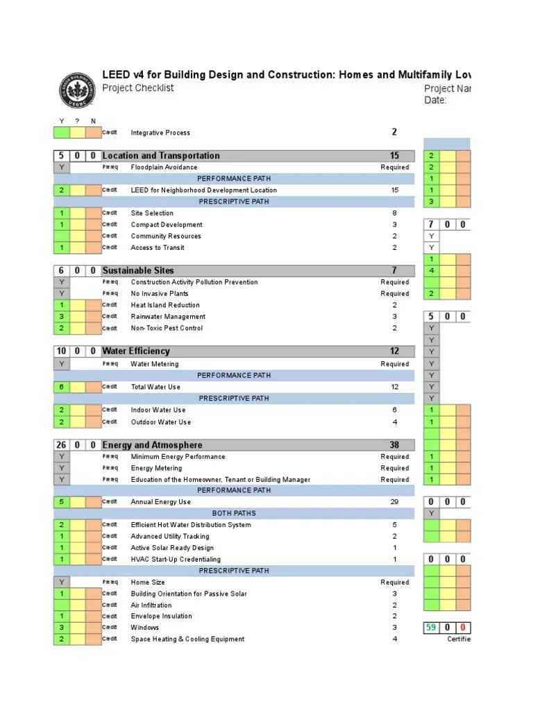 leed v4 for homes design and construction checklist 1 page xlsx Hvac Ventilation (Architecture)