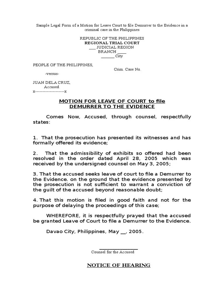 Motion for Leave of Court to File Demurrer to the Evidence Prosecutor