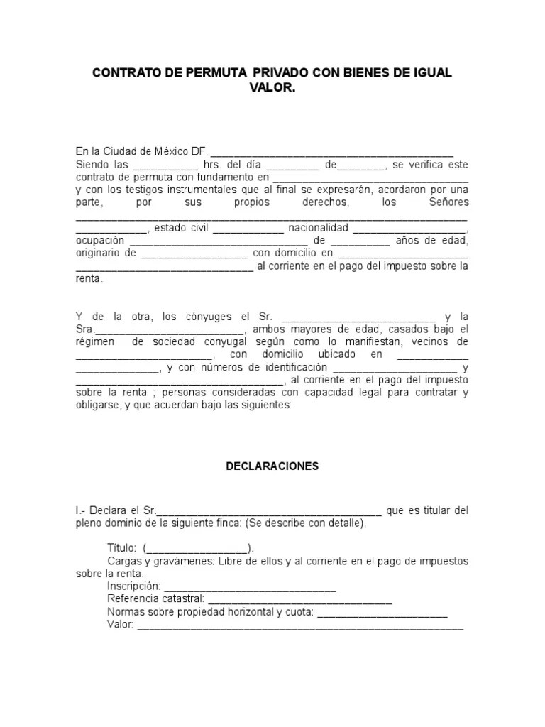 Contrato de Permuta Privado Con Bienes de Igual Valor Propiedad