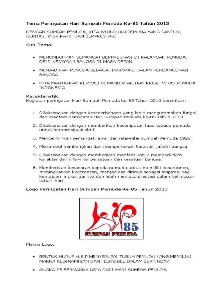 Tema Peringatan Hari Sumpah Pemuda Ke-85 | PDF