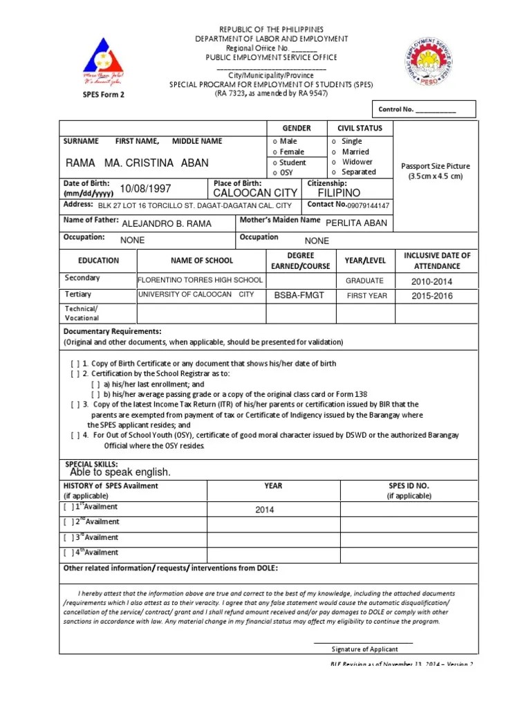 Spes Form 2 Application Form Nov PDF Unemployment Benefits