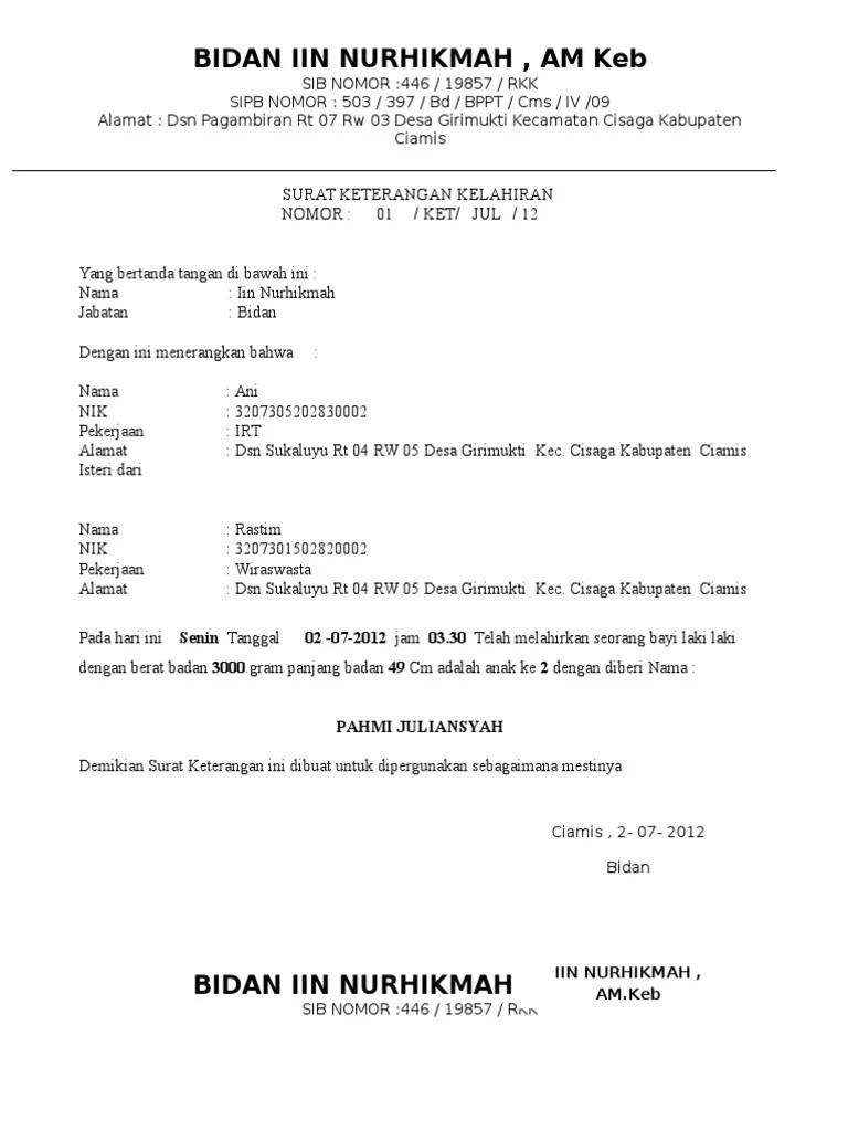 Contoh Surat Kenal Lahir Dari Bidan Berbagi Contoh Surat