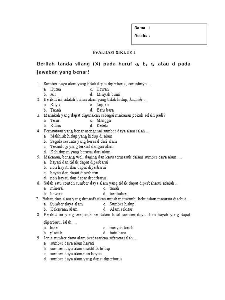 Soal Sumber Daya Alam Kelas 4 SD | PDF