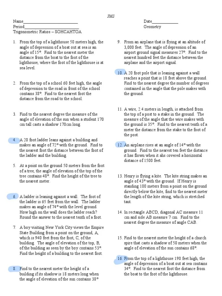 ws sohcahtoa word problems Rectangle Elementary Geometry Free