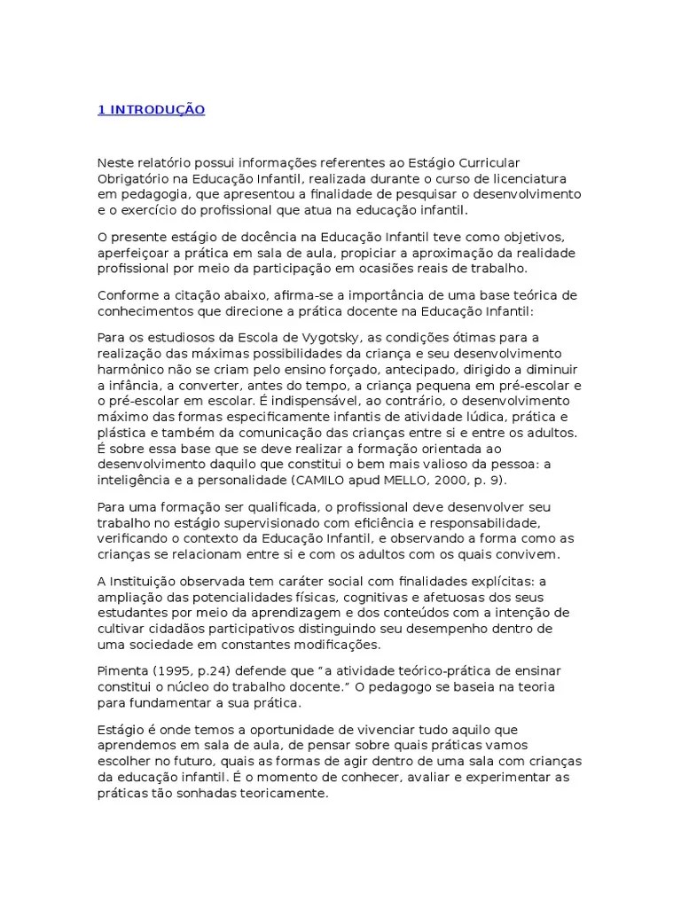 Exemplo De Relatorio Estagio Educação Infantil Vários Exemplos