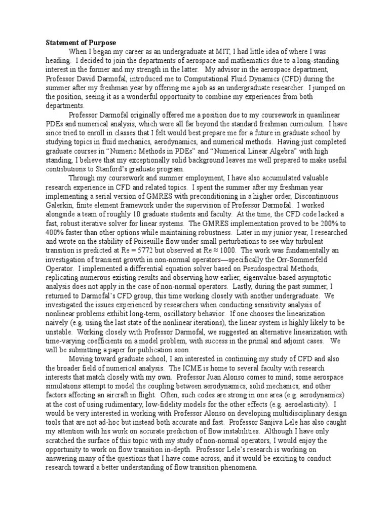 Statement of Purpose Computational Fluid Dynamics Numerical Analysis