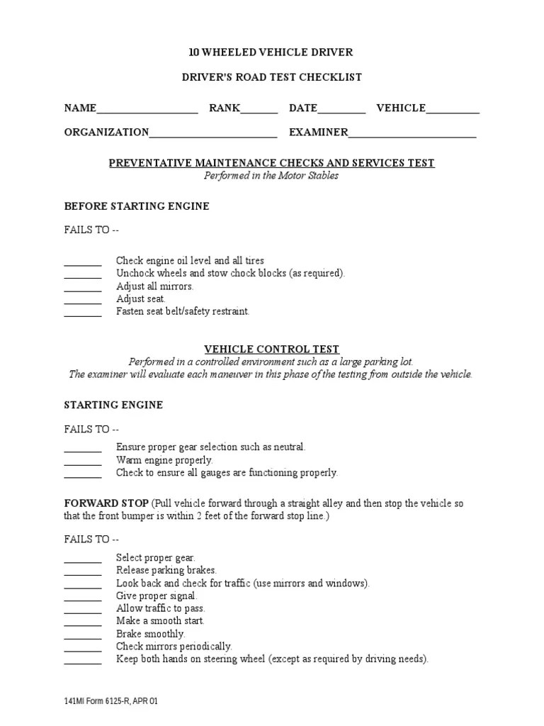 Driver's Road Test Checklist Traffic Vehicles Free 30day Trial