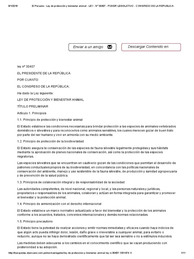 El Peruano Ley de protección y bienestar animal LEY N° 30407