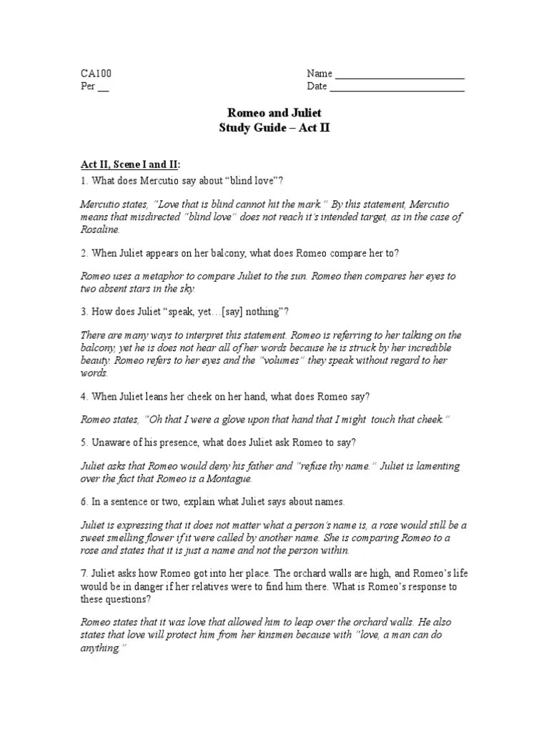 Romeo and Juliet Study Guide Act II Answers | PDF | Juliet