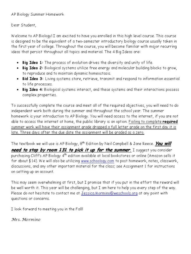 AP Biology Summer Assignment 2014 Homework Textbook