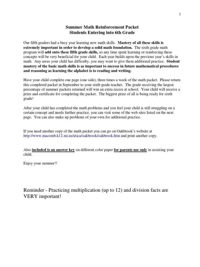 entering 6th grade summer math packet Rectangle Fraction (Mathematics)