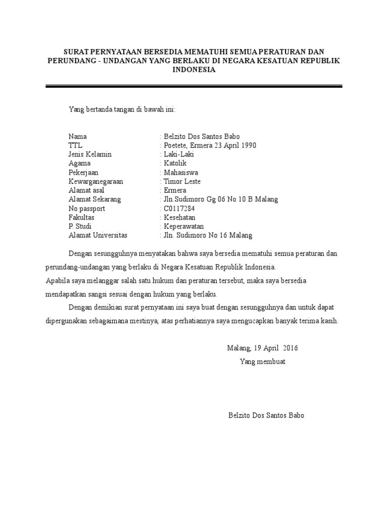 Surat Pernyataan Bersedia Mematuhi Semua Peraturan Dan Perundang