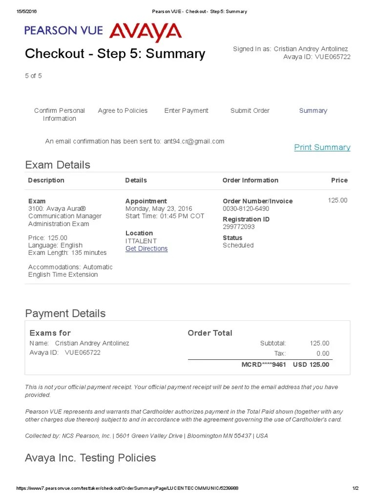 Pearson VUE Checkout Step 5 Summary Point Of Sale Receipt