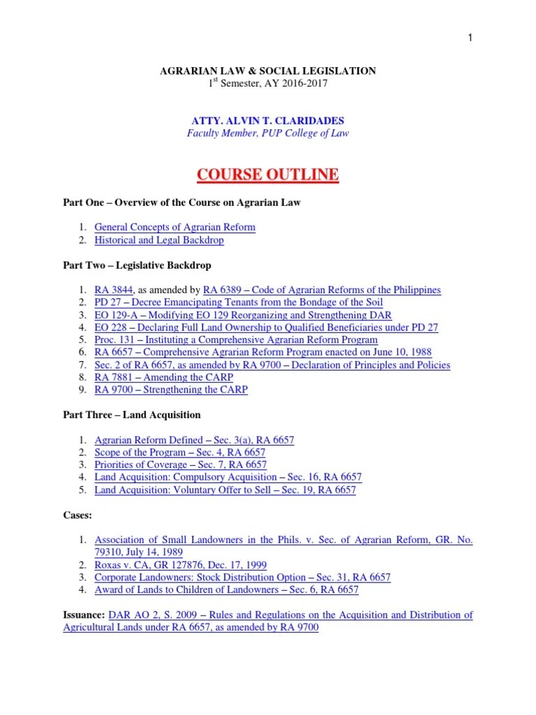 Course Outline for Agrarian Law & Social Legislation June