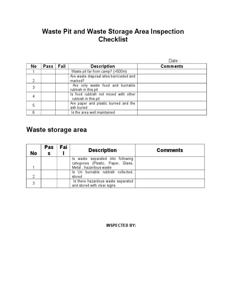 Waste Pit and Waste Storage Area Inspection Checklist PDF