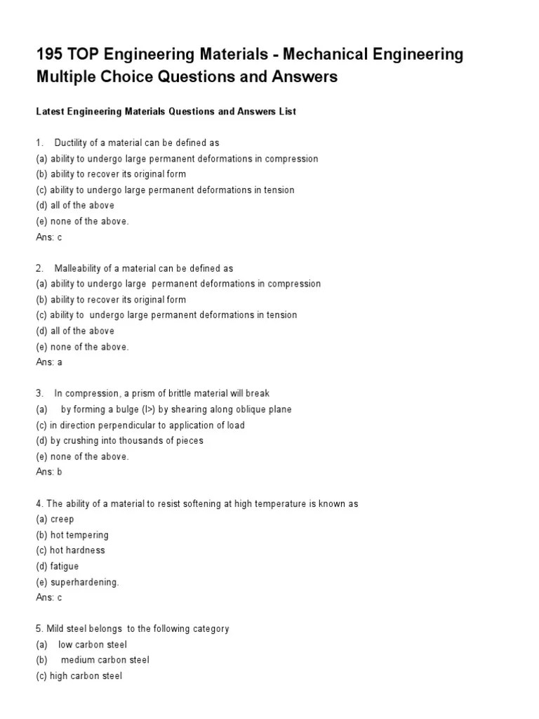 195 TOP Engineering Materials Mechanical Engineering Multiple Choice Questions and Answers