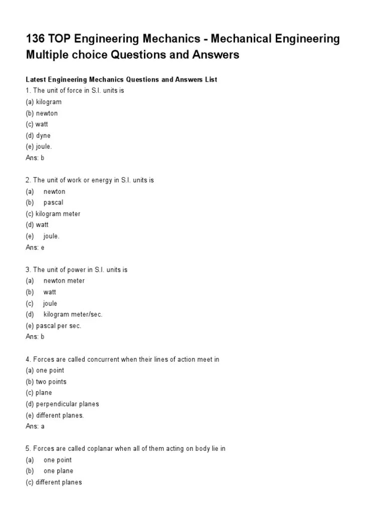 136 TOP Engineering Mechanics Mechanical Engineering Multiple Choice Questions and Answers