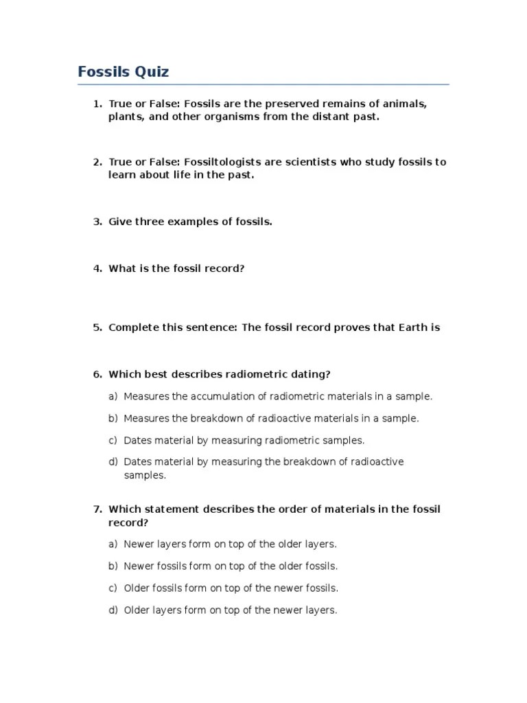 Fossils Quiz PDF Fossil Earth