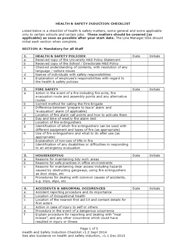 Induction Checklist PDF Personal Protective Equipment
