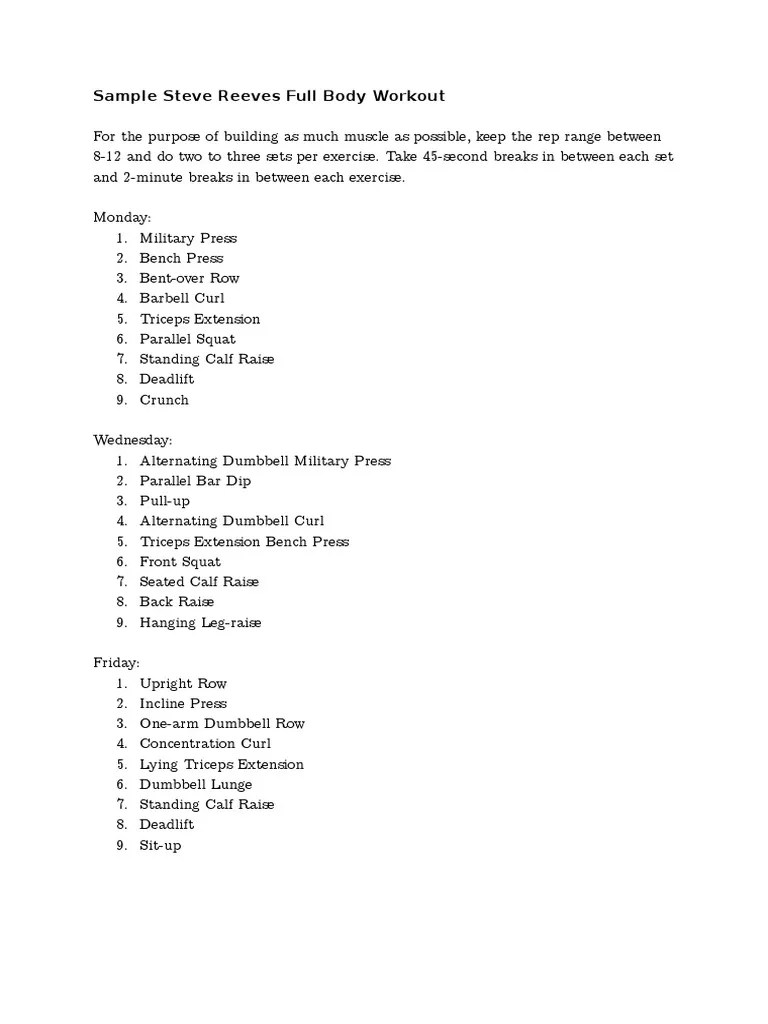 Sample Steve Reeves Full Body Workout