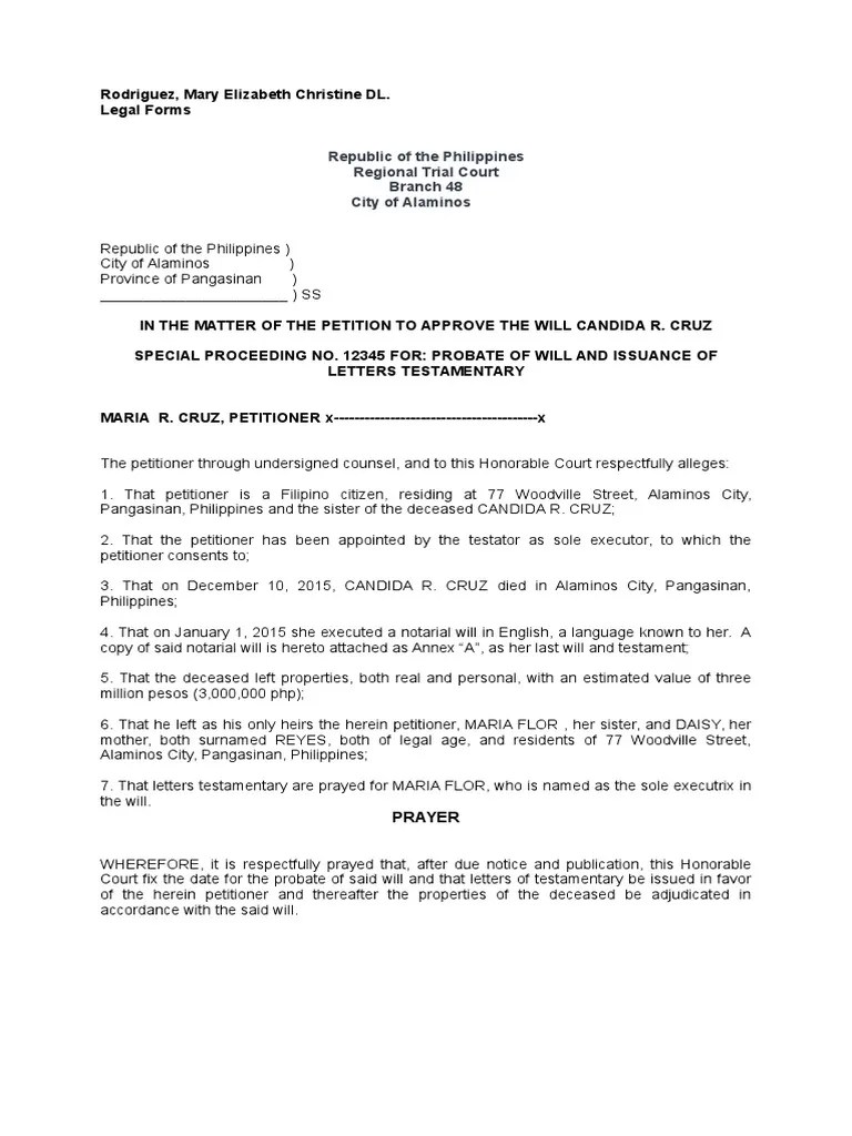 Petition for Probate of Will Will And Testament Probate