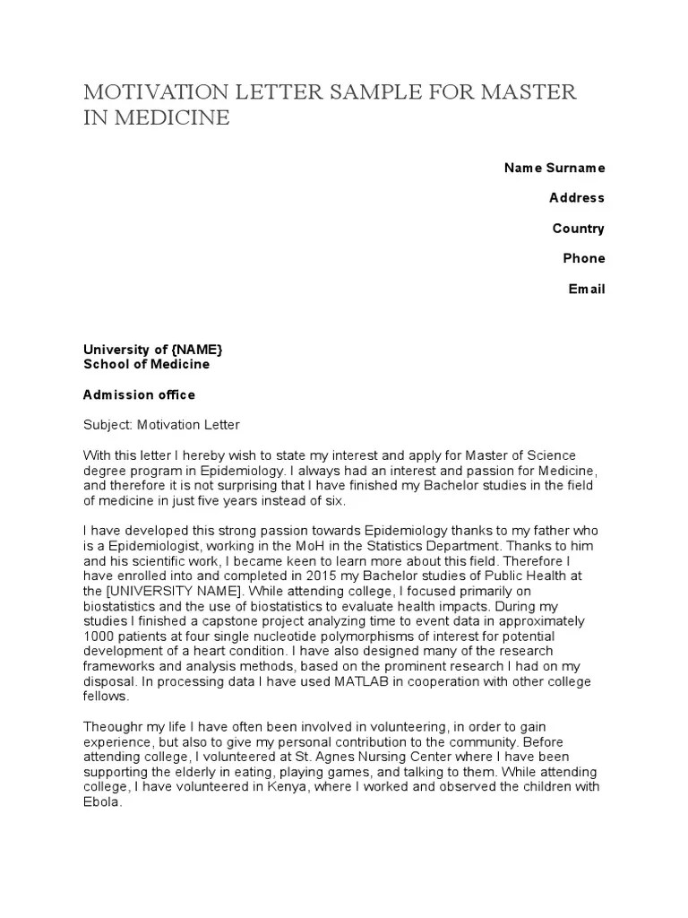 MOTIVATION LETTER SAMPLE FOR MASTER IN MEDICINE.doc Epidemiology