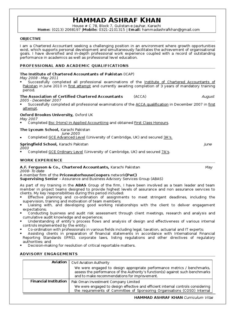 Resume of A Chartered Accountant PDF Accountant Audit