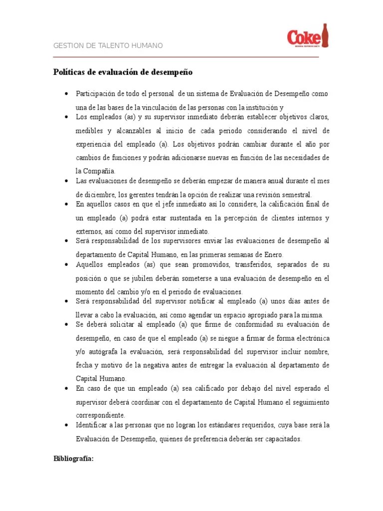 Políticas de Evaluación de Desempeño Evaluación de desempeño Negocios
