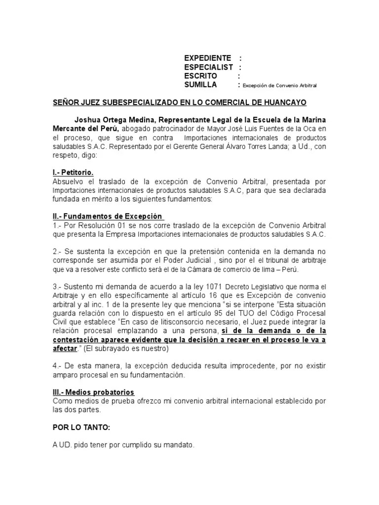 EXCEPCIÓNDECONVENIOARBITRAL (2).docx Arbitraje Demanda judicial
